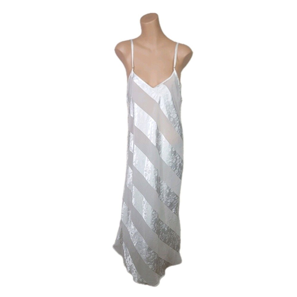 Vtg Dentelle Satin Nightgown Women's Size L Midi Side Slit White Semi Sheer Z